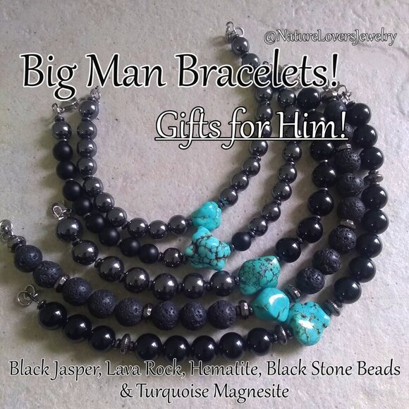 Gifts for Men!!! Handsome Big Man's Bracelets - Semi-Precious Stone Beads - Picture 1 of 12